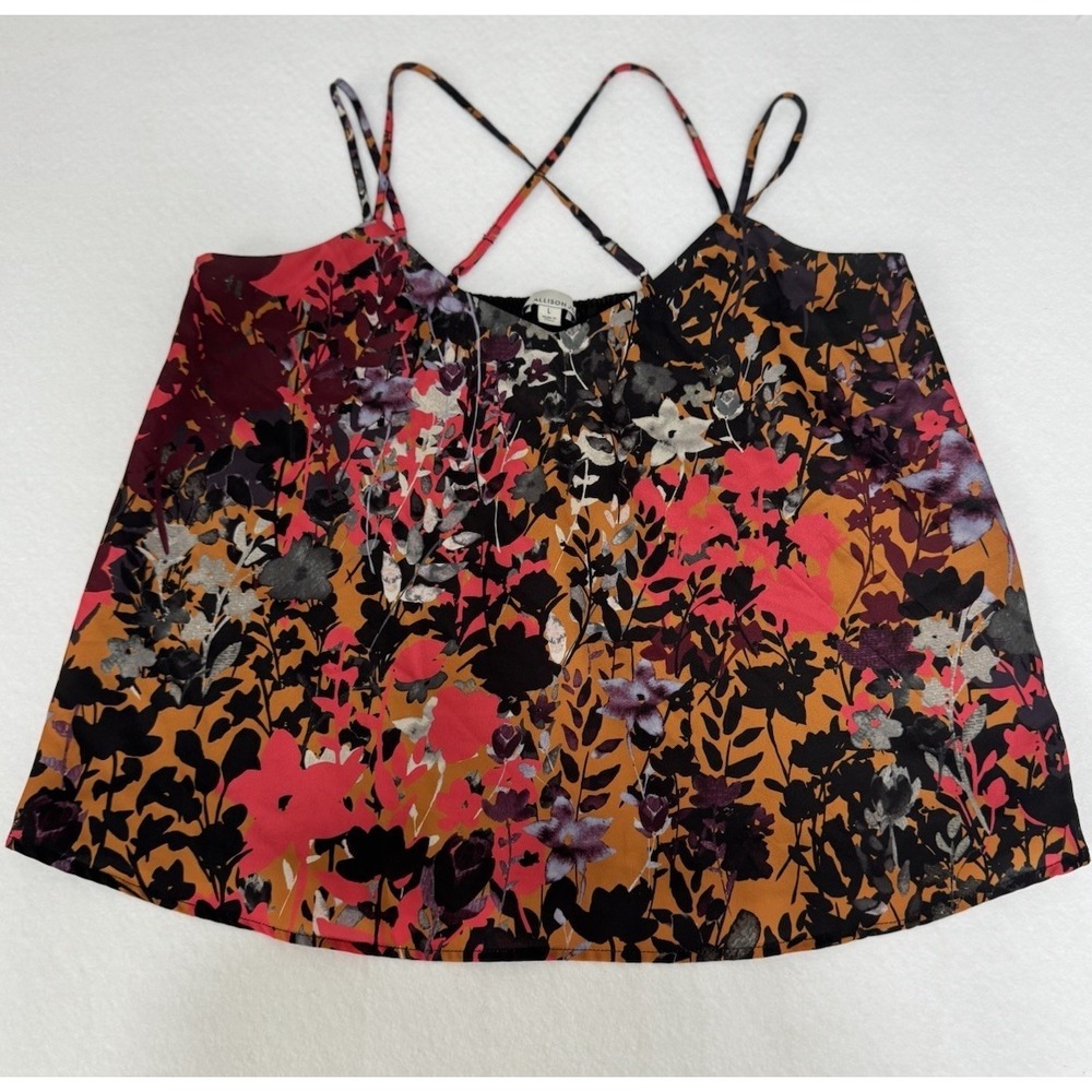 Allison Joy Women Floral Cami Top Orange Pink Black Strappy Cross Back Large